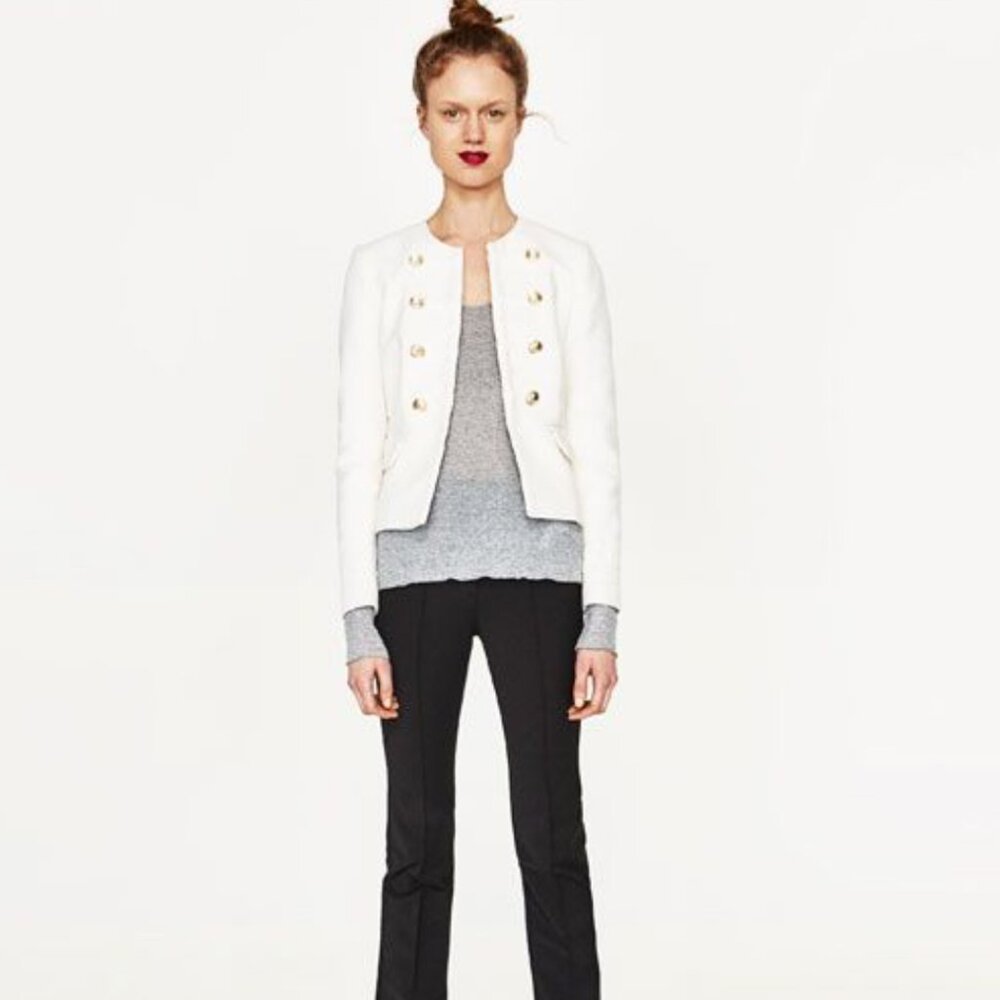 Zara White Military-Style Double-Breasted Blazer